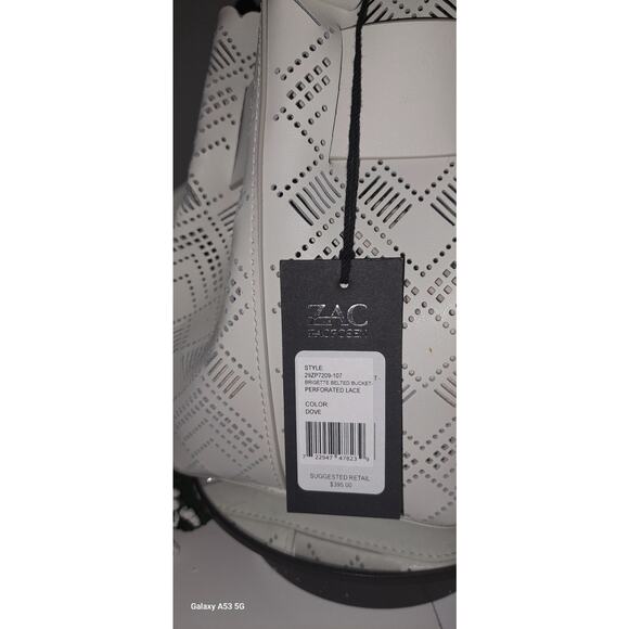 NWT! Zac Posen Brigete Leather Buckle Pocket Perforated Lace Bag Dove MSRP: $398 - Picture 6 of 9